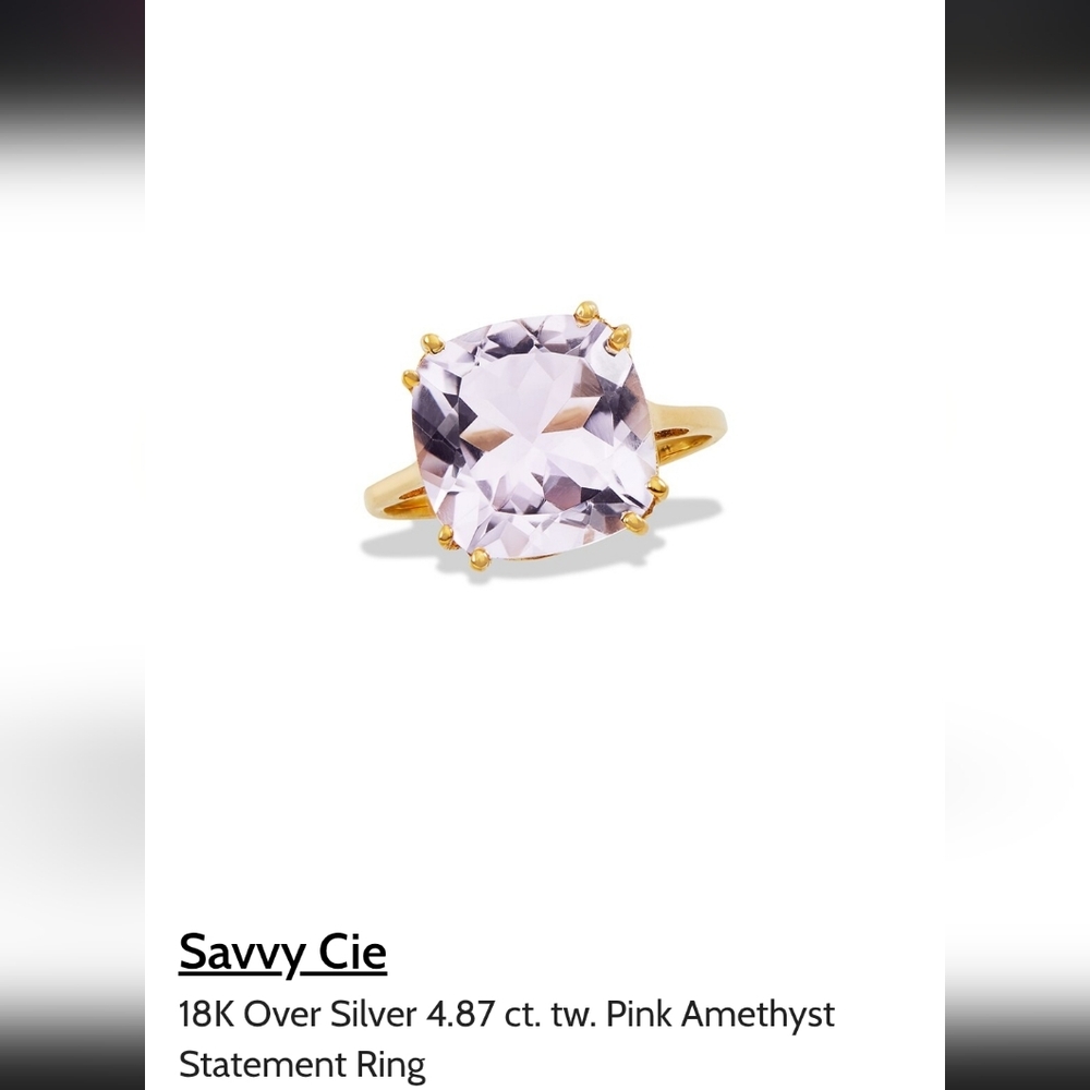 NIB Savvy Cie Pink Amethyst 18k Gold Plated Silver Cocktail Ring - Picture 13 of 14